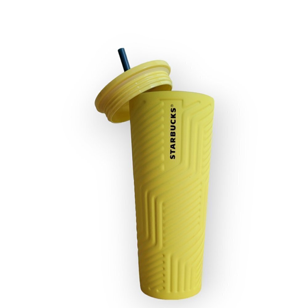 Starbucks Winter 2024 Yellow Metal Cold Cup 24oz Venti Geometric Reusable